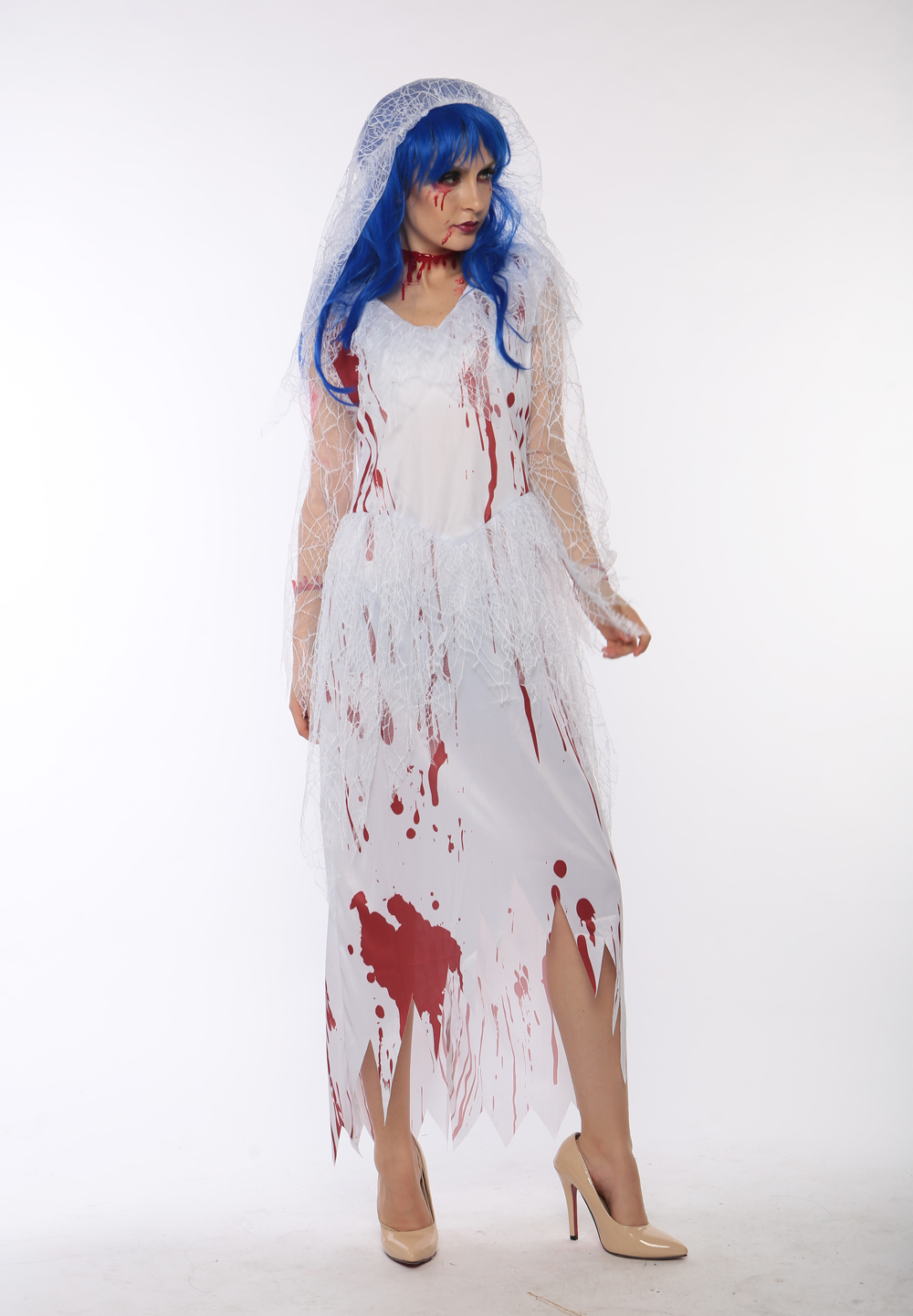 F1713 zombie long white bride costume,it comes with headwear,dress